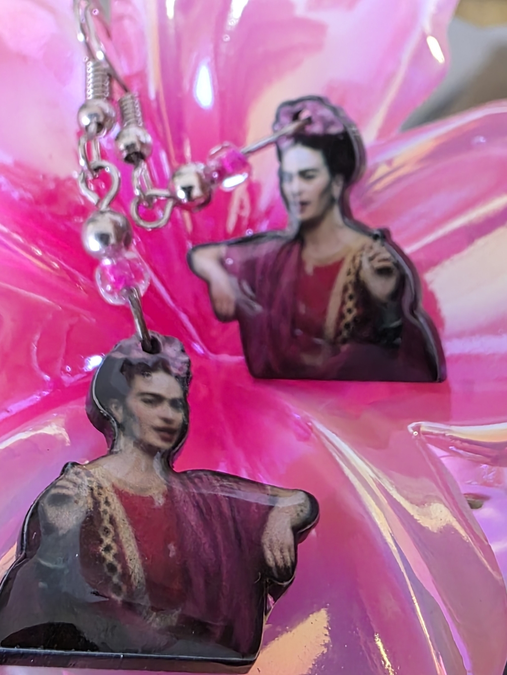 Frida Kahlo Portrait Drop Earrings in Pink